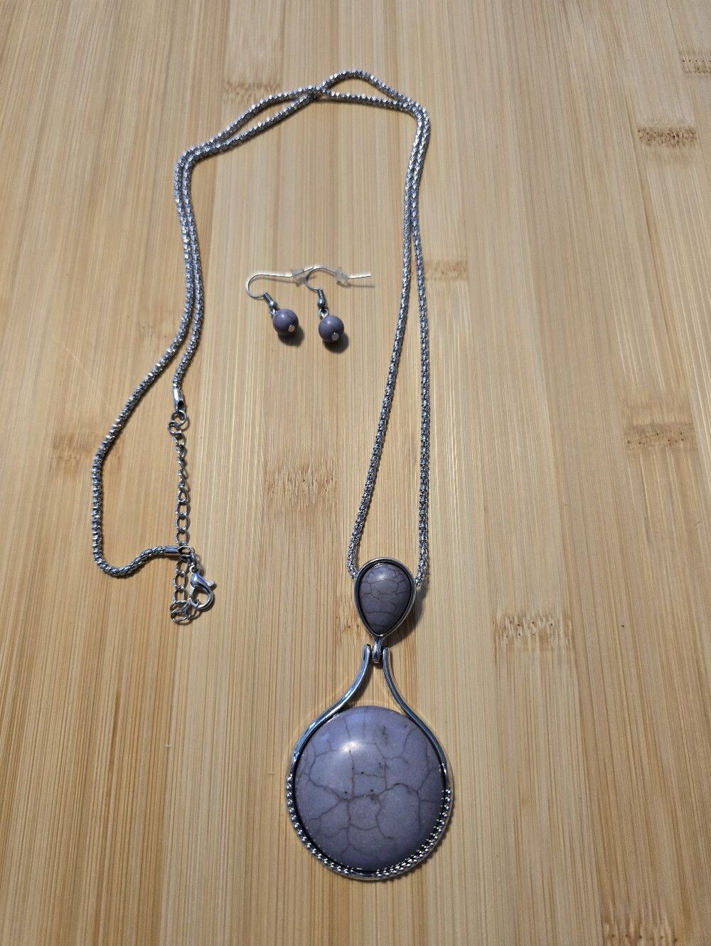 💜 Desert Pools Purple Crackle Stone Teardrop Pendant Necklace Set